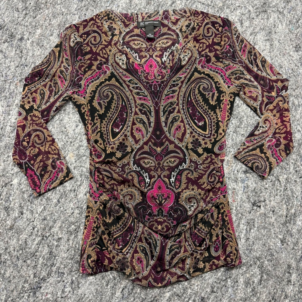 INC International Concepts Petite PM Paisley Mesh V-Neck 3/4 Sleeve Top Burgundy